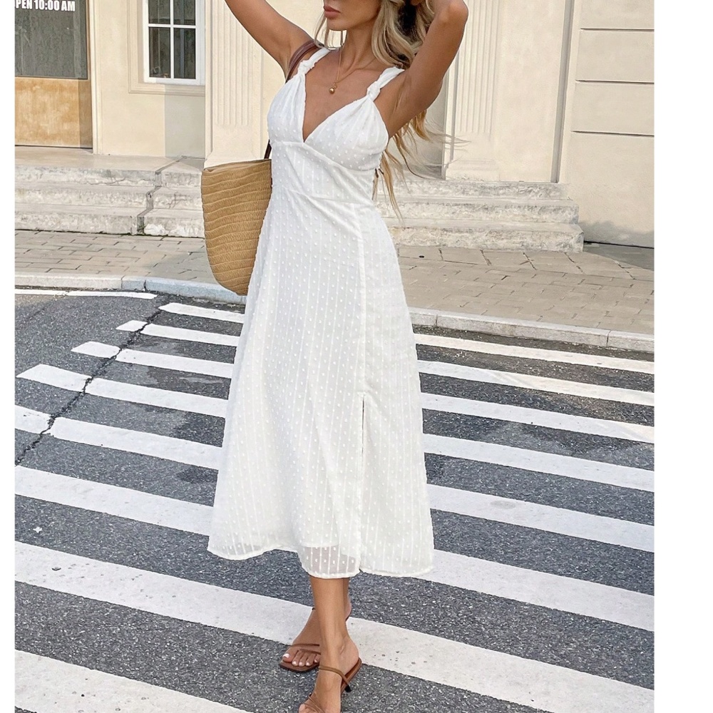 Boho White Swiss Dot High Waisted Cami Midi Dress - Picture 5 of 5